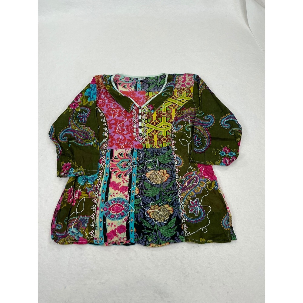 Boho Patchwork Floral Paisley Tunic Top Multi-Color 3/4 Sleeve Blouse